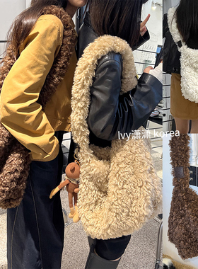 韩国东大门antiqueJEY卷毛毛斜挎新款秋冬单肩羊毛包时尚百搭随性