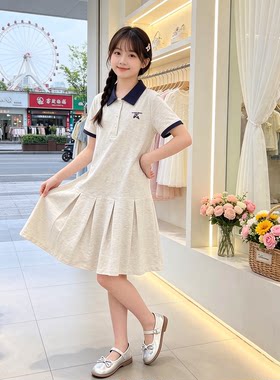 女童连衣裙夏季学院风polo领短袖中裙洋气公主裙中大童2026夏新款