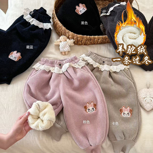 女宝宝加绒加厚裤子女童冬季外穿一体羊羔绒棉裤小童厚绒束脚卫裤