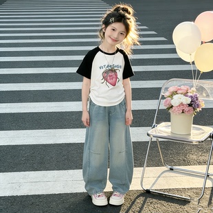女童短款短袖T恤牛仔阔腿裤两件套26中大童夏季薄款宽松休闲套装
