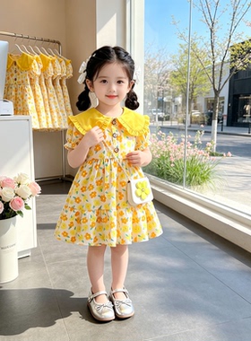女童黄色碎花连衣裙夏季新款泡泡袖娃娃领公主裙女孩洋气百搭中裙