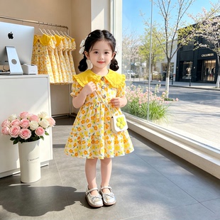 女童黄色碎花连衣裙夏季新款泡泡袖娃娃领公主裙女孩洋气百搭中裙