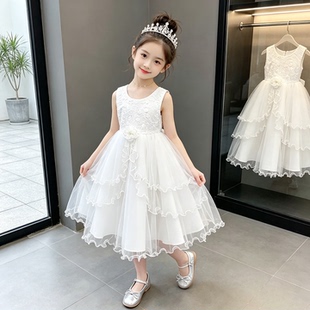 女童白色公主裙夏季无袖纱裙中裙仙女表演服蓬蓬裙蕾丝连衣裙仙女