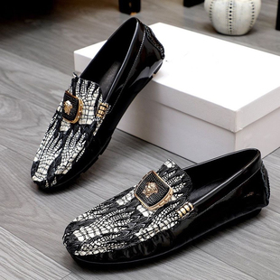 高端品牌欧货男款漆皮豆豆鞋男士奢侈品鞋子乐福鞋夏天高级