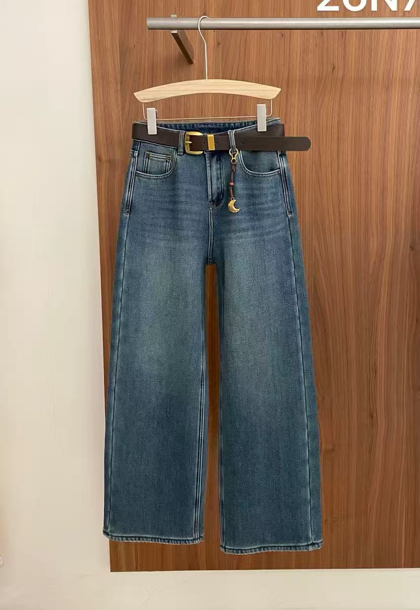 郑沅沅含棉加绒加厚新款高腰显瘦直筒裤女宽松阔腿长裤11.28