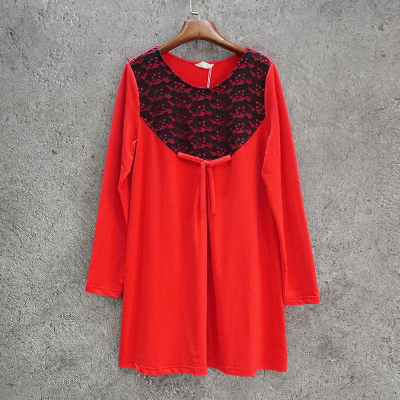 纤衣姐姐 春秋冬 蕾丝蝴蝶结 宽松大码 圆领长袖棉质连衣裙