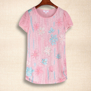 短袖 清凉甜美薄款 时尚 雪纺衫 两侧褶皱上衣 纤衣姐姐 中长款 柏