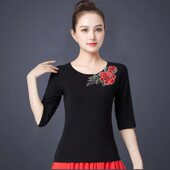 广场舞上衣单件女莫代尔跳舞服装 绣花舞蹈服跳舞衣夏季 中老年跳舞