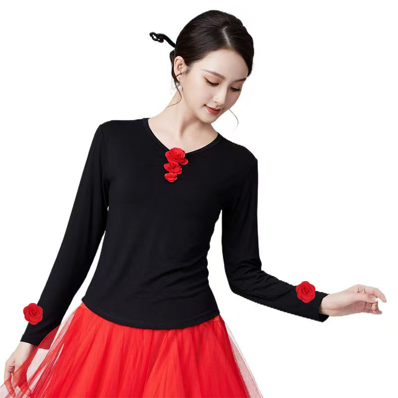 古典舞练功服上衣长袖中国现代舞蹈服立体玫瑰花形体广场舞服装女