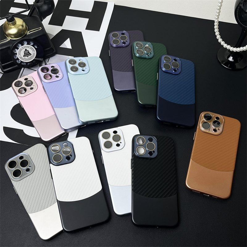碳纤维拼接手机壳适用苹果15promax时尚拼色保护壳14plus全包防摔简约硬壳iphone11 12 13艺术小众手机外壳