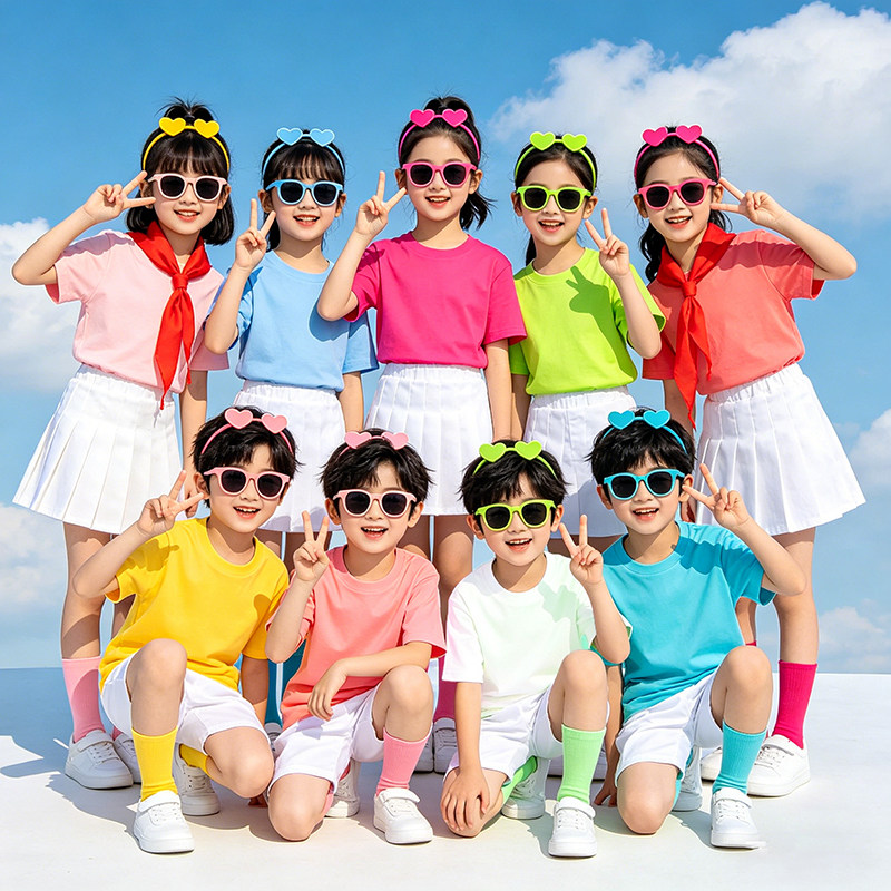 定制彩色表演服纯棉t恤短袖儿童班服幼儿园小学生亲子运动会活动