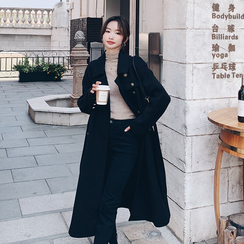 出货中百搭黑金扣中长款毛呢大衣外套女8810P185控268，女装毛呢外套，浙宝218