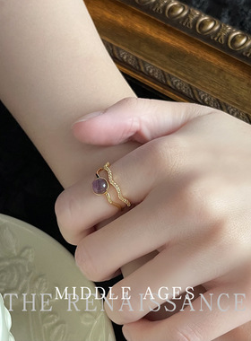 vintage轻中古镶锆石紫色猫眼石食指戒指镂空复古开口可调节指环