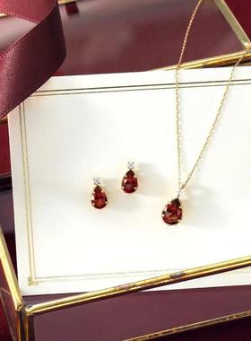 日系轻奢takeup同款Dear 天然石榴石 莫桑钻 纯银镀金耳钉项链