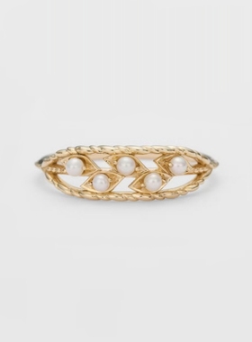 清晨露珠镂空叶子珍珠纯银戒指