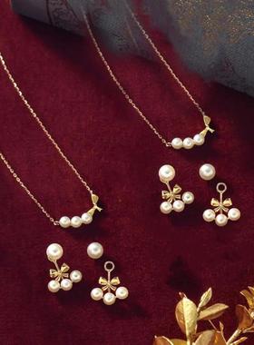 日系轻奢takeup同款Dear 丝带联排珍珠 蝴蝶结 纯银 两戴耳环项链