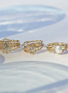 树叶吊灯戒指纯银宝石日系女