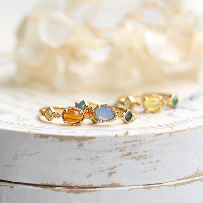 天然琥珀黄水晶多宝石纯银戒指