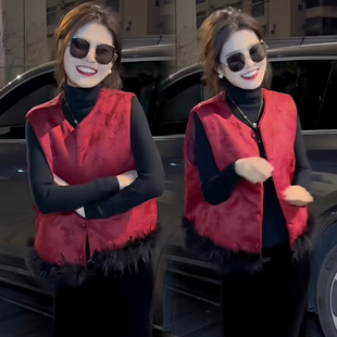 2025新款 棉坎肩女款 鸵鸟毛马夹背心 红色国风马甲叠穿秋冬季 新中式