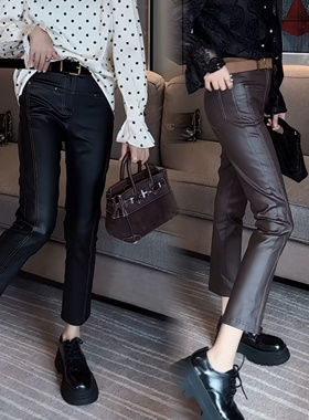 网红涂层裤子女秋冬加绒九分裤2025新款欧货爆款皮裤直筒烟管裤黑