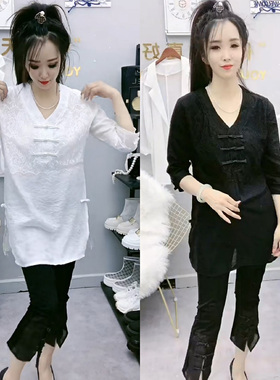 chic上衣女夏薄款中式古风改良盘扣雪纺衫中长款蕾丝两侧开叉长衫