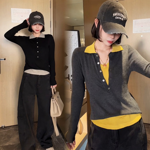 正肩t恤 轻熟长袖 绝美巨好看 早秋假两件小上衣女韩系漂亮polo衫