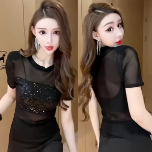 性感短袖 穿搭透明薄纱网衫 t恤女2026新款 蹦迪辣妹装 上衣 美式 夏季