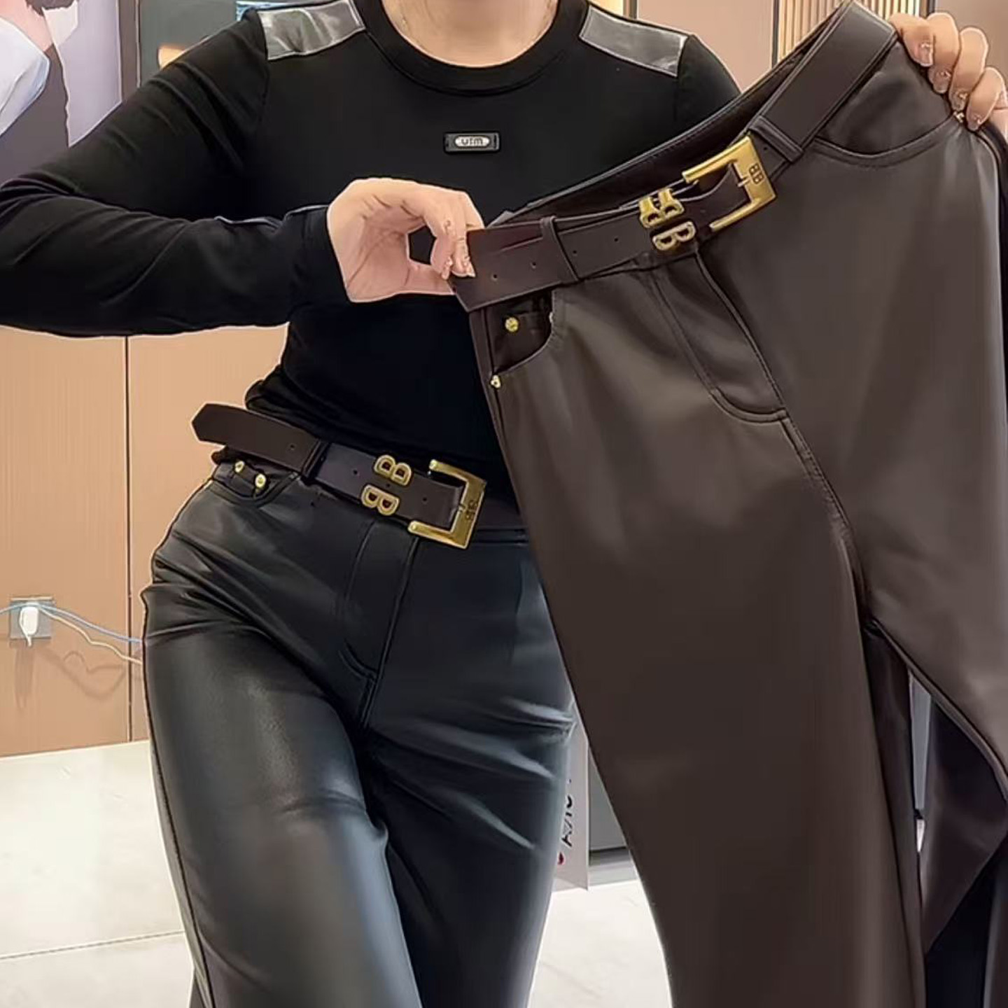 加绒皮裤女款外穿黑色烟管裤