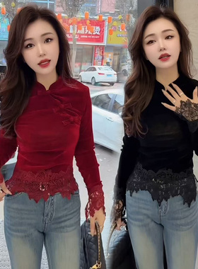 初冬绝美巨好看的打底衫女内搭2026新款半高领蕾丝拼接金丝绒上衣