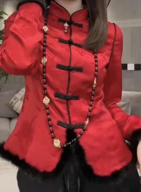 新中式轻国风红色上衣女秋冬季新年复古别致绝美短款洋气加绒衬衫