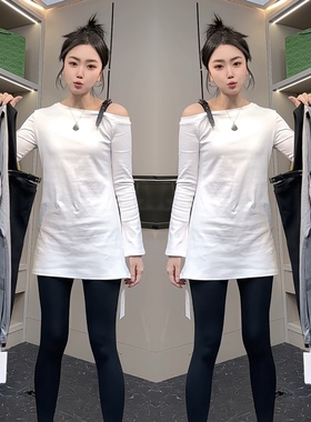 ins早春设计感上衣女绝美巨好看的单穿不撞款T恤小众长袖露肩小衫