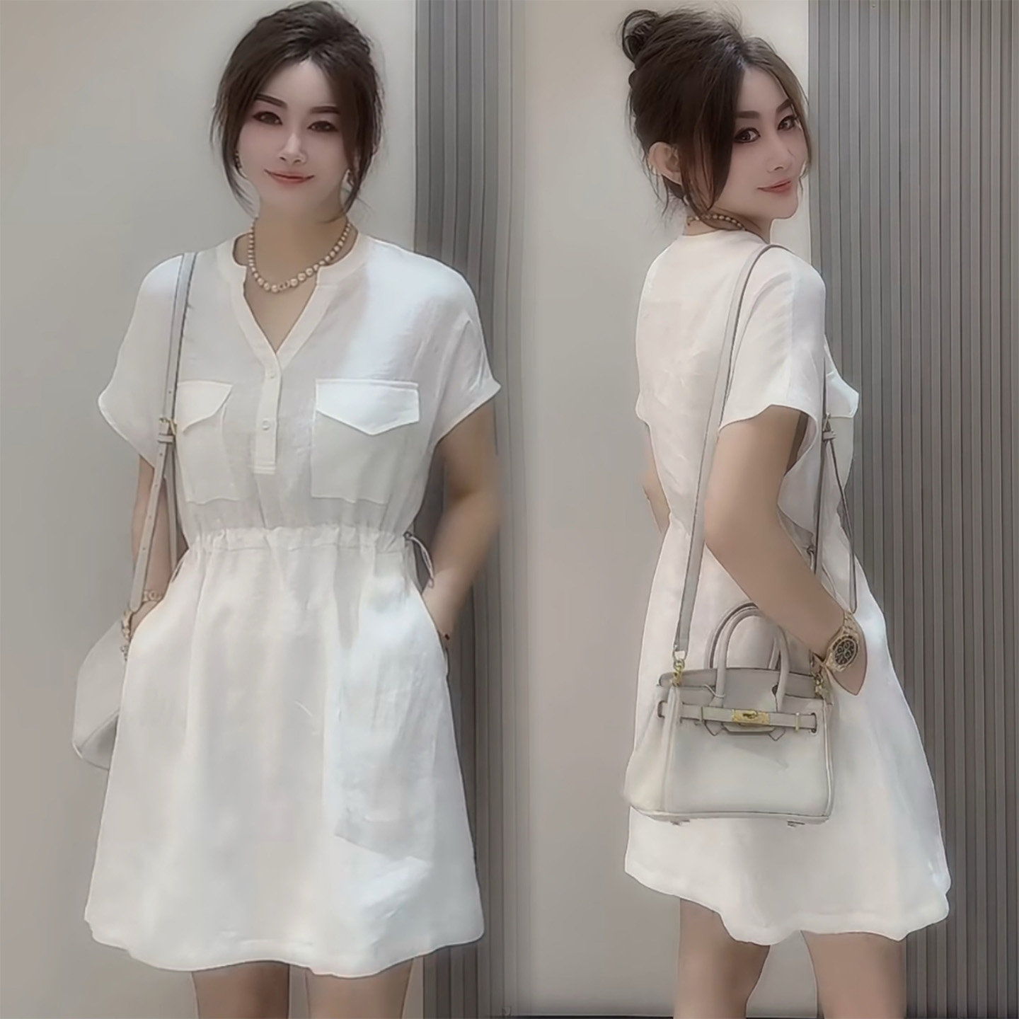 白色连衣裙女夏日抽绳收腰衬衫裙