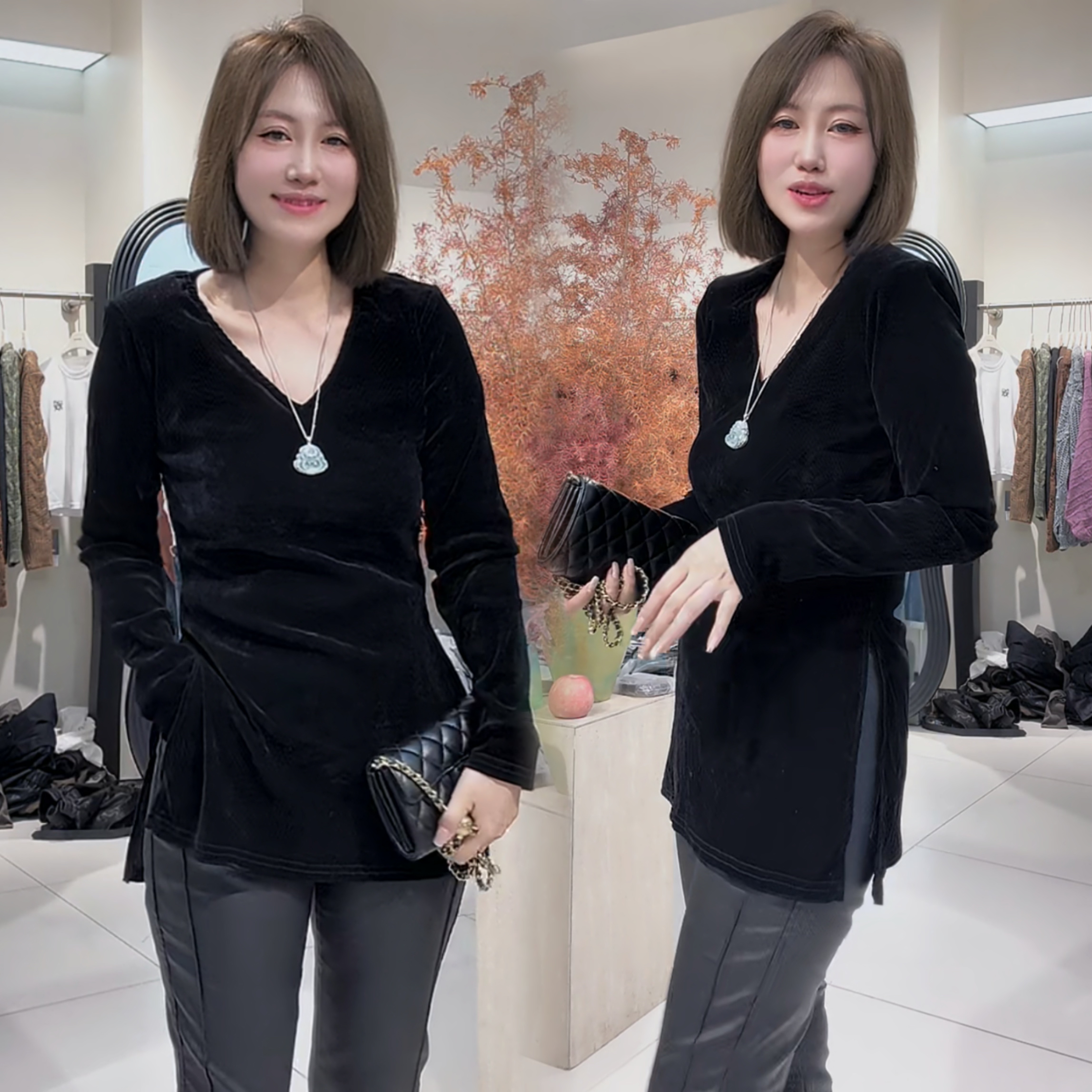 黑色长袖V领打底T恤女可外穿图片
