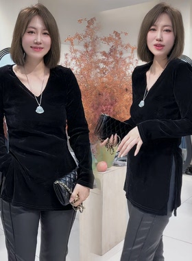 黑色长袖V领打底T恤女可外穿