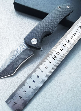 高硬度多功能碳纤柄大马士折叠随身小刀锋利便携防身刀户外折刀