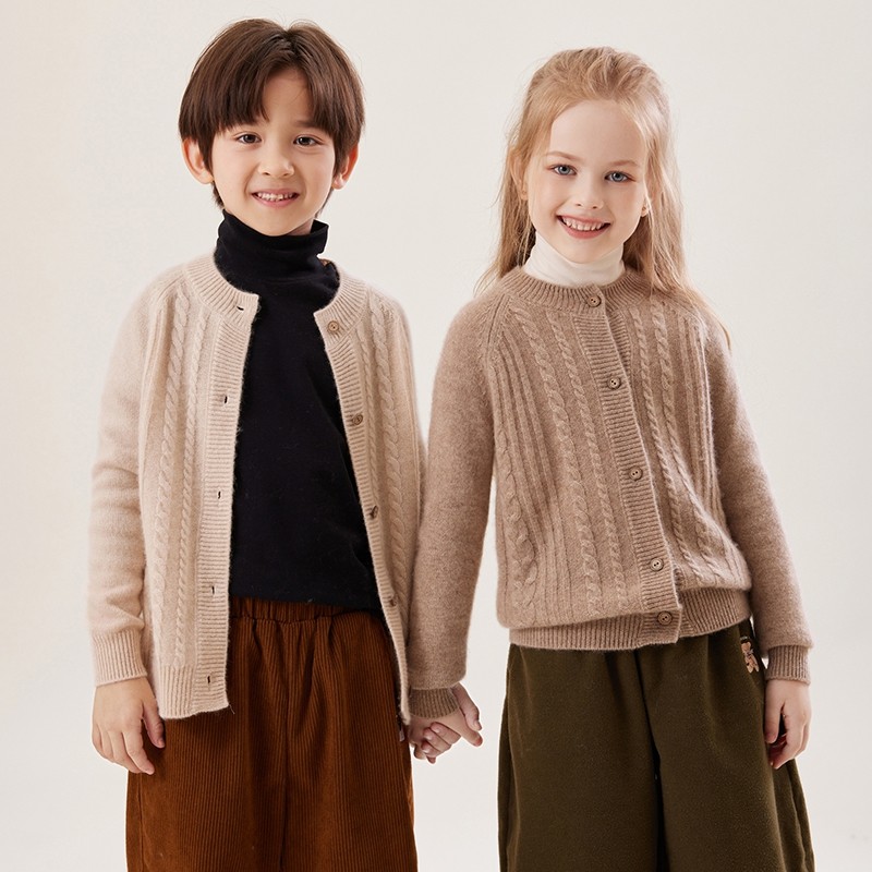 儿童麻花开衫纯山羊绒衫大童男童2025秋季针织加厚女童冬毛衣外套