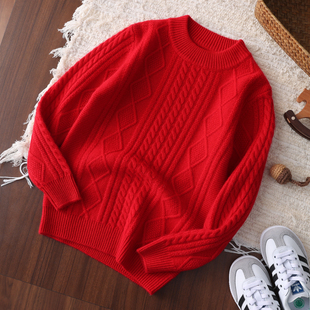 儿童重工扭花纯山羊绒衫男女童针织毛线衣秋冬新年红色中大童毛衣