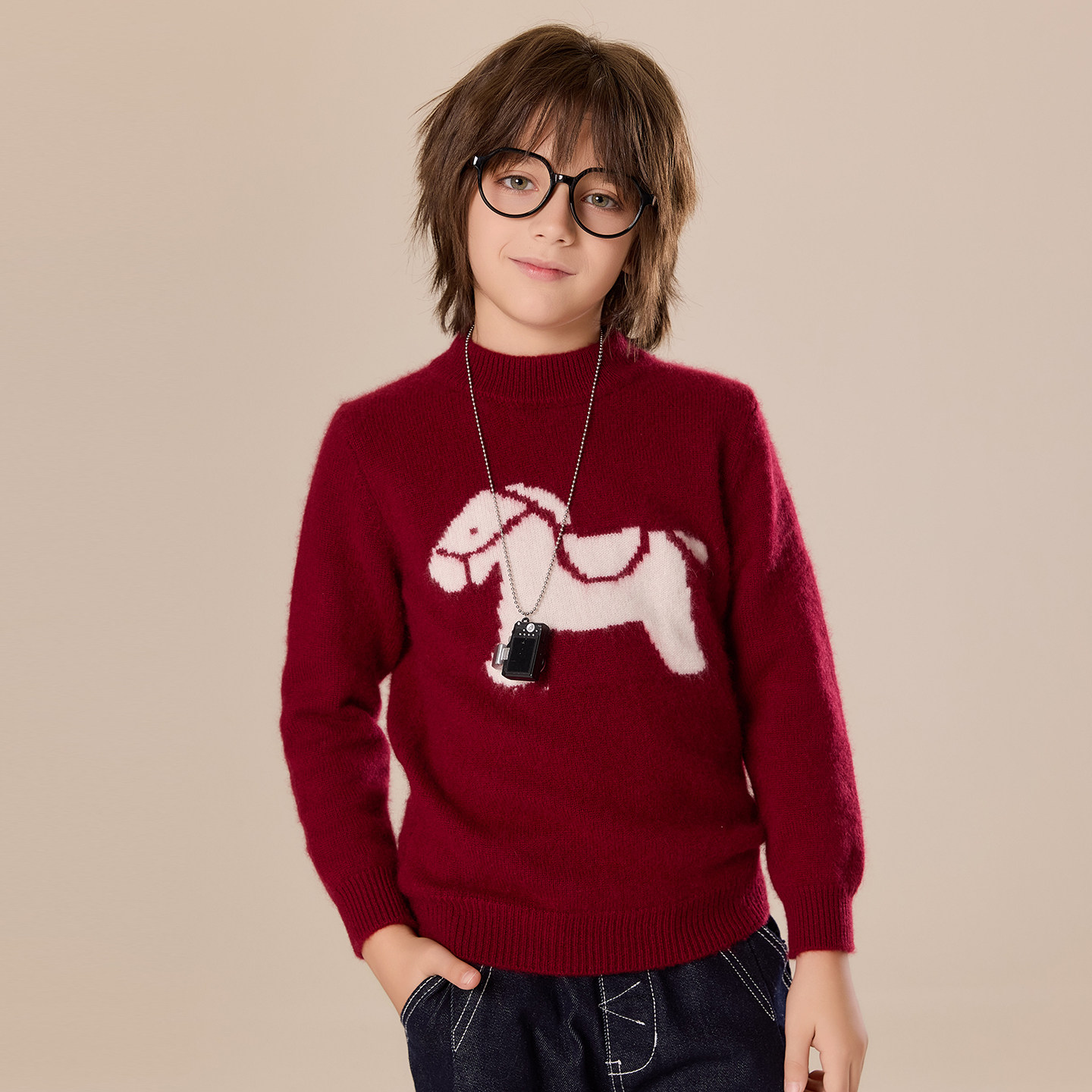 儿童纯山羊绒衫男女童针织毛线衣新年红色马年中大童秋冬加厚毛衣