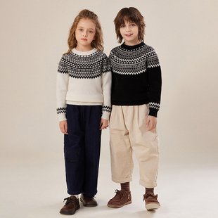 儿童费尔岛提花100纯山羊绒衫男童冬季半高领加厚中大童女童毛衣