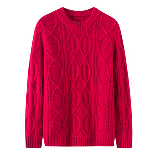 儿童半高领100%纯山羊绒衫女童麻花秋冬男童加厚上衣红色新年毛衣