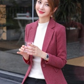 春秋新款 显瘦小外套红色呢子西服保暖后外套 女修身 长袖 毛呢小西装