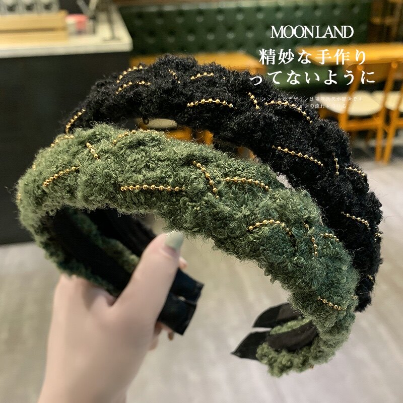 高颅顶发箍女秋冬温柔毛线麻花链条宽边压发头箍外出百搭发卡头饰