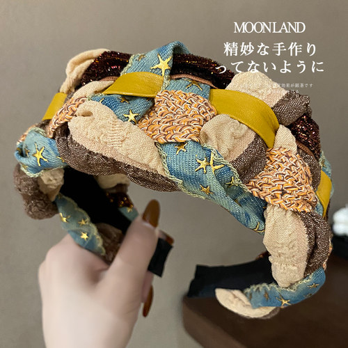 增高颅顶发箍女高级感洋气时尚牛仔布艺编织发卡宽边头箍发捆头饰