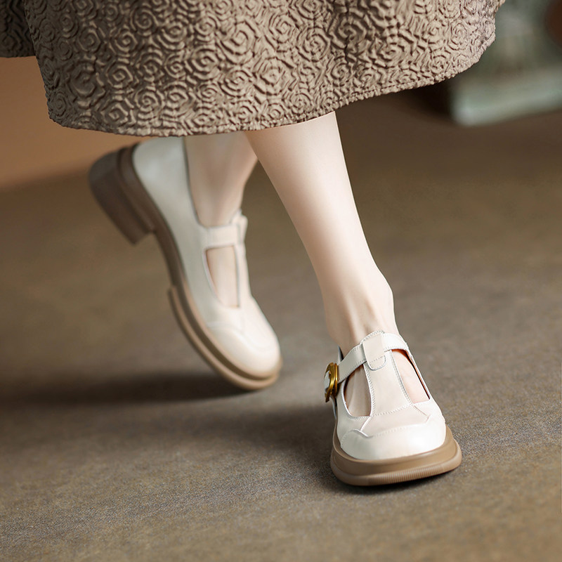 nai jiu 素描乐稿~圆头单鞋厚底真皮丁字鞋玛丽珍复古百搭中跟鞋