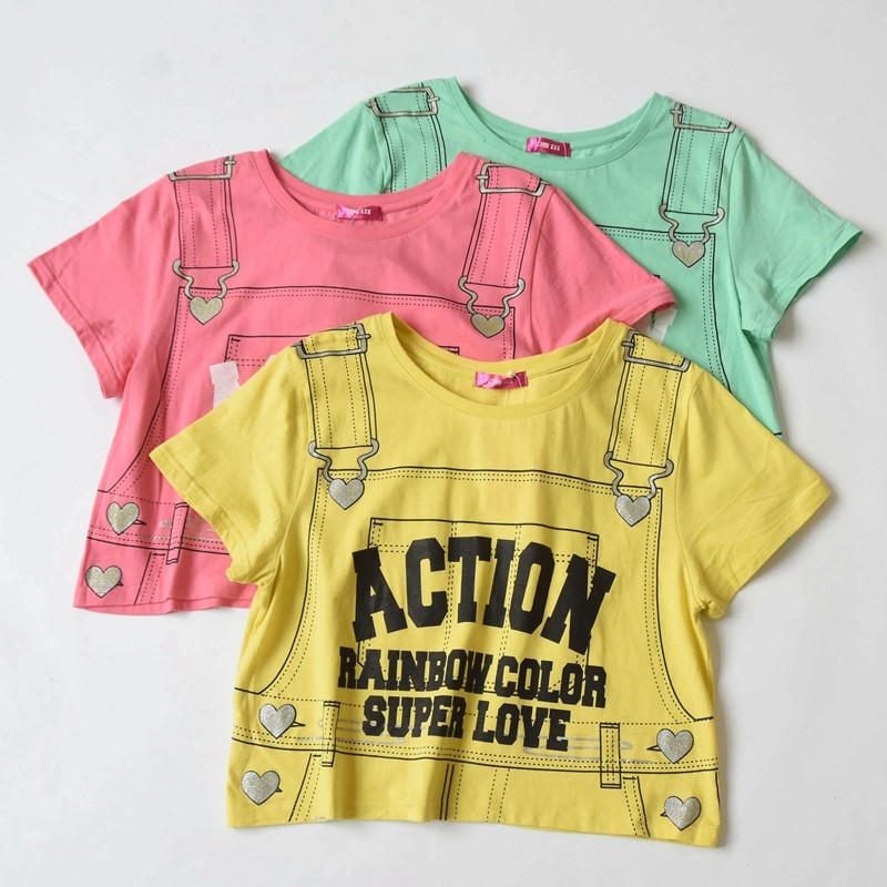 外贸日单夏季女士纯棉圆领针织印花短袖t恤 糖果色短款半袖上衣