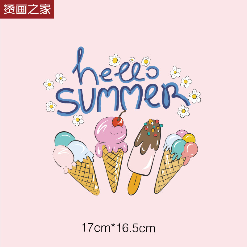 可爱小花字母冰淇淋夏日风烫画甜美女孩T恤印花大图现货图案贴