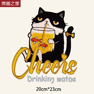 仿刺绣3D效果猫咪服装印花图案高品质耐水洗卫衣帆布包白墨烫画贴