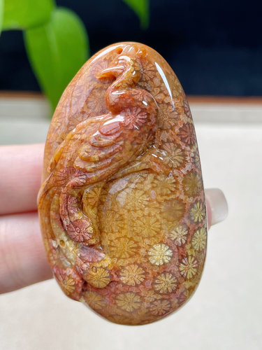 天然珊瑚玉雕刻孔雀吊坠毛衣链挂件原创设计男女款饰品