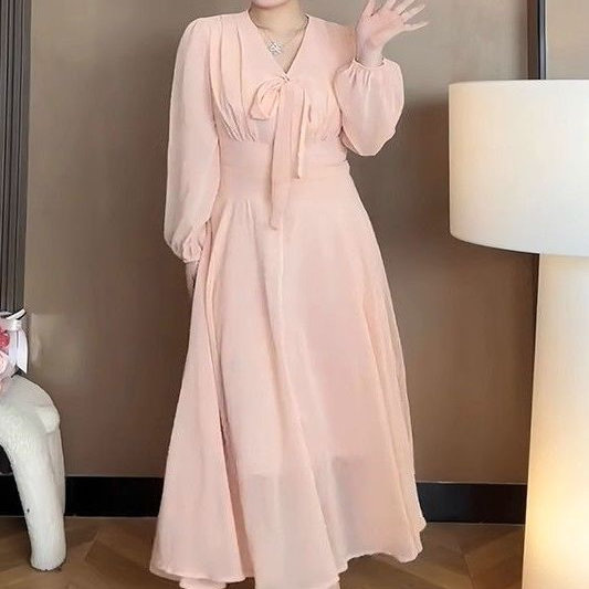 大码胖mm法式V领蝴蝶结连衣裙