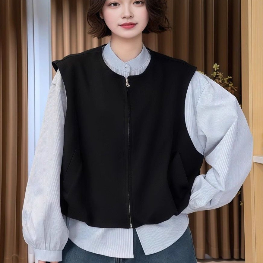 大码胖mm假两件马甲拼接衬衫外套